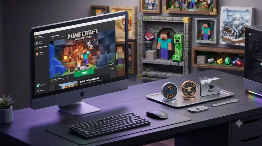 Modern gaming setup showing Minecraft Launcher, Java, Minecraft Forge, and Mods folder for installing Jenny Mod in Minecraft Java Edition.