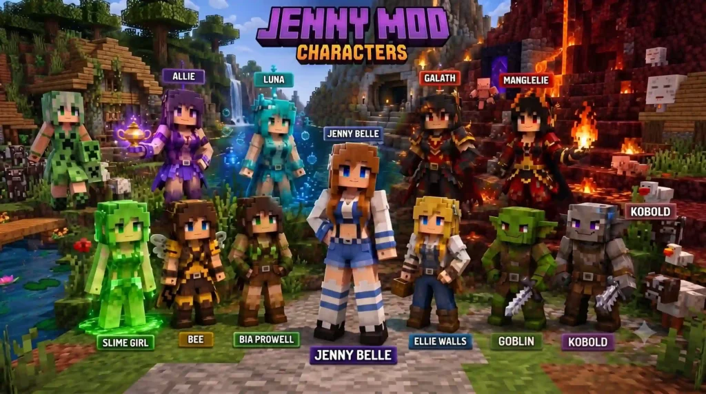 3D Minecraft-style Jenny Mod characters including Jenny Belle, Allie, Luna, Galath, Manglelie, Slime Girl, Bee, Bia Prowell, Ellie Walls, Goblin, and Kobold.