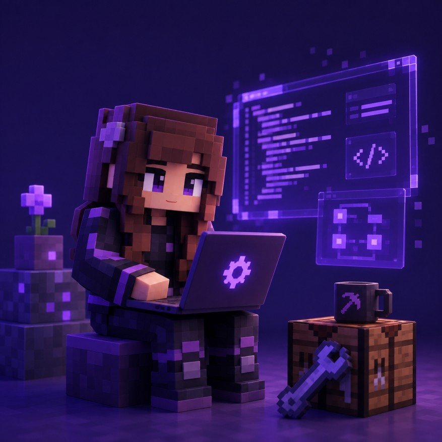 Voxel-style Jenny Mod creator coding on a laptop in a purple Minecraft-inspired workspace.