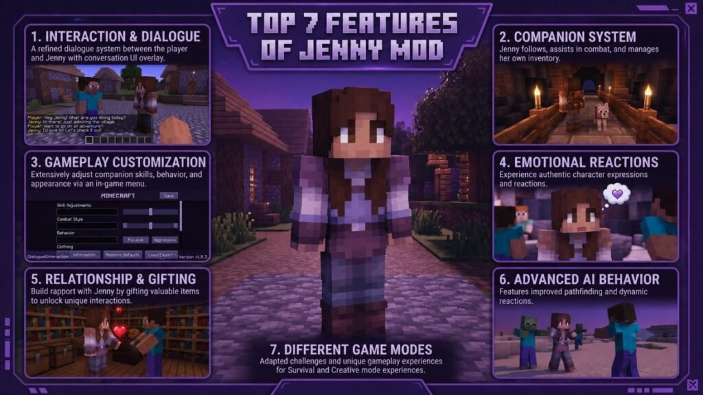 Infographic showing the top seven Jenny Mod features, including dialogue, companion system, customization, emotional reactions, gifting, AI behavior, and game modes.